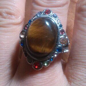Tiger's Eye and Austrian Crystal Stainless Steel Ring (Size 9)